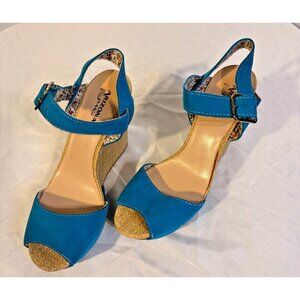 Arizona Wedge Heels Open Toe Teal Womens Size 8 Ankle Strap 4 Inch High